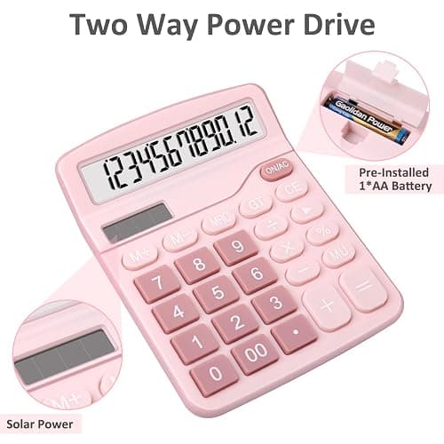 Calculators, Splaks 2 Pack Standard Functional Desktop Calculators Sola and AA Battery Dual Power Electronic Basic Calculator with 12-Digit Large Display for Office, Home, School (1 Blue & 1 Pink) - 1 Blue & 1 Pink thumbnail 2