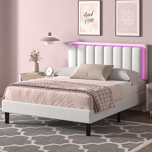 IMMERSTABLE Full Bed Frame with Headboard, RGB LED Bed, White | App-Controlled RGB Lights, Faux Leather Headboard, Wood Slat Support, No Box Spring Needed, Quiet Design, Easy Assembly thumbnail 9