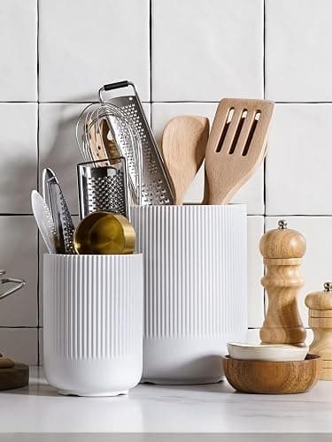 LE TAUCI Utensil Holder, 7.3"+5.4" Ceramic Kitchen Utensil Holder for Countertop, Large Cooking Utensil Crocks for Kitchen Counter Decor, Morden Utensil Organizer for Spatula, Set of 2, White thumbnail 2