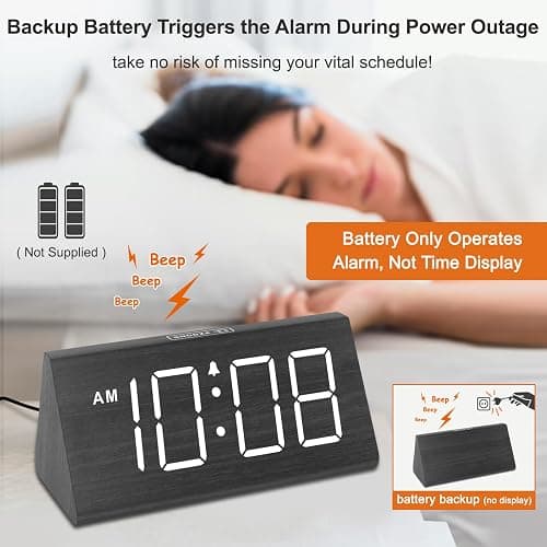 DreamSky Wooden Digital Alarm Clocks for Bedrooms - Electric Desk Clock with Large Numbers, USB Port, Loud Alarm for Heavy Sleepers, Adjustable Volume, Dimmer, DST, Wood Décor Gifts, Adapter Powered thumbnail 4