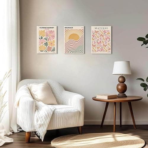 BingruiArt Boho Abstract Wall Art Yellow Canvas Flower Market Posters Set of 3 Bauhaus Pictures Matisse Print Floral Aesthetic Painting Decor for Dorm Living Room Bedroom 12"x16" Framed thumbnail 4