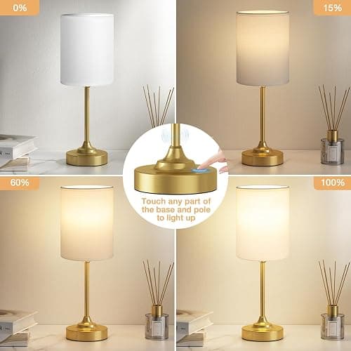 Fenmzee Gold Nightstand Bedroom Lamp - 3 Way Dimmable Bedside Lamp, Small Table Lamp Linen Lampshade for Office Desk, LED Bulb Included thumbnail 2
