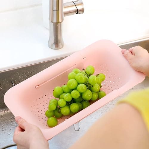 BLUE GINKGO Over The Sink Colander Strainer Basket - Wash Vegetables and Fruits, Drain Cooked Pasta and Dry Dishes - Extendable - New Home Kitchen Essentials (20 W x 36.8-49.5 L x 6.9 H cm) - Pink thumbnail 2