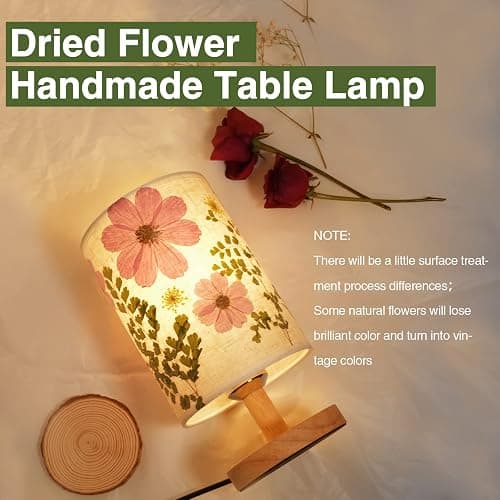 Floresita Dried Flowers Small Table Lamp 9W LED Dimmable Warm Light Pressed Flower Bedside Lamp Linen Shade with Wood Base for Bedroom Living Room Desk Nursery thumbnail 2