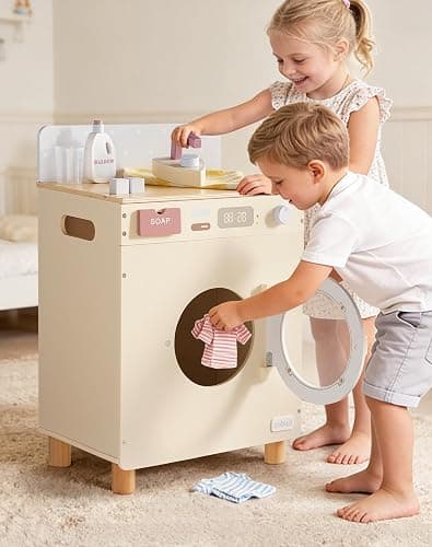 ROBUD Wooden Toy Washing Machine Play Kitchen Set, Seasalt Blue Multi-Functionl Play Washing Machine with Toy Accessories for Nursery, Playroom, Birthday Gift to Kids Age 3+, WCF69 thumbnail 8