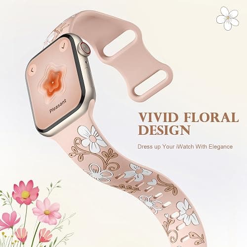Witzon Floral Band Compatible with Apple Watch Bands For Women 40mm 41mm 38mm 42mm 44mm 45mm 46mm 49mm, Engraved Cute Flower Silicone Dressy Strap for iWatch Series 11 10 9 8 7 6 5 4 3 2 SE Ultra thumbnail 3