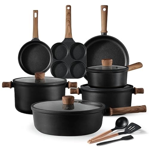 CAROTE Nonstick Cookware Sets, Pots and Pans Set Non Stick 14pcs, Titanium Induction Cooking Sets with Stay-Cool Handle, Black - Black - 14 PCS - Image 1