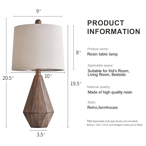 PoKat 20.25" Retro Farmhouse Table Lamp Set of 2 - Living Room & Bedroom Rustic Linen Bedside Nightstand Lamps for Kids, Study, Office - Resin, Suitable for Small Places thumbnail 7