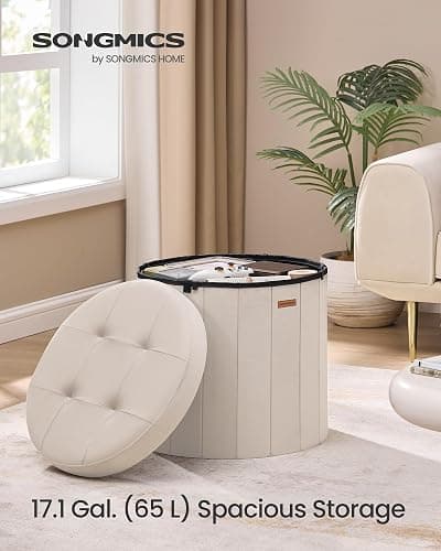 SONGMICS Mazie Collection - Round Storage Ottoman, Folding Footrest Stool with Removable Lid, Easy Assembly, Velvet Vanity Stool for Bedroom, Living Room, Entryway, Cappuccino Beige ULSF608L01 thumbnail 3