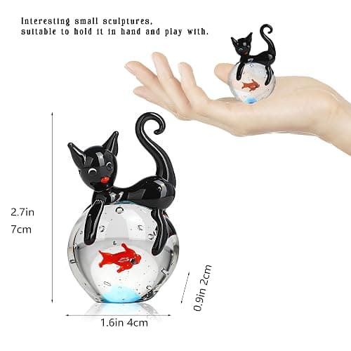 QFkris Blown Glass Black Cat Figurine, 1.6“ Mini Glass Animals Sculpture, Cat and Fish Art Collectible Figurines for Home Decor, Gift for Mom Cat-Lover Birthday Christmas thumbnail 3