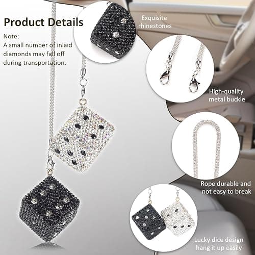 Bling Diamond Dice Car Hanging Accessories – Crystal Rear View Mirror Ornament, Sparkly Car Decor, Lucky car Accessories All Models (Black and White) thumbnail 4