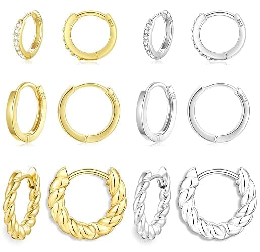 Cocadant 6 Pairs 925 Sterling Silver Small Hoop Earrings for Women,14k Real Gold Hypoallergenic Tiny Cubic Zirconia Cartilage Huggie Earring Sets for Multiple Piercing Trendy Jewelry 8/10/12mm - Image 1