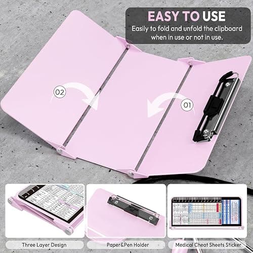 Nursing Clipboard Foldable, Foldable Clip Board w/Nursing Edition Medical Charts,3 Layers Aluminum, Nurse Note w/Low Profile Clip&Pen Clip for Students, Nurses and Doctors, Baby Pink thumbnail 5