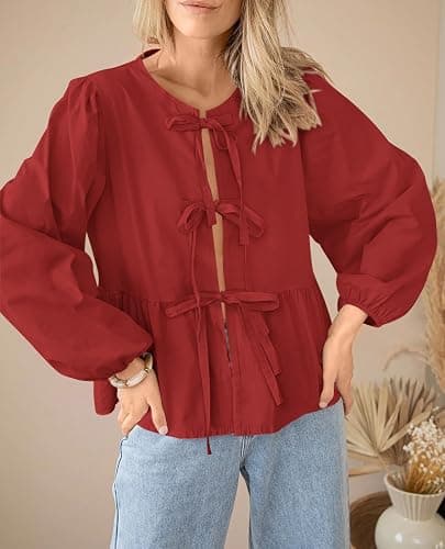 PRETTYGARDEN Women's Spring Fall Babydoll Peplum Blouse Shirt Puff Long Sleeve Bow Tie Front Trendy Cute Y2K Going Out Tops thumbnail 4