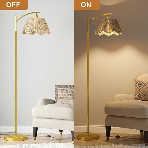 Oneach Arc Floor Lamp for Living Room,Rattan Boho Floor Lamp Decor with Hand-Woven Shade, Foot Switch,Gold Metal Base & Pole,Farmhouse Standing Lamp for Bedroom Corner,Reading thumbnail 5