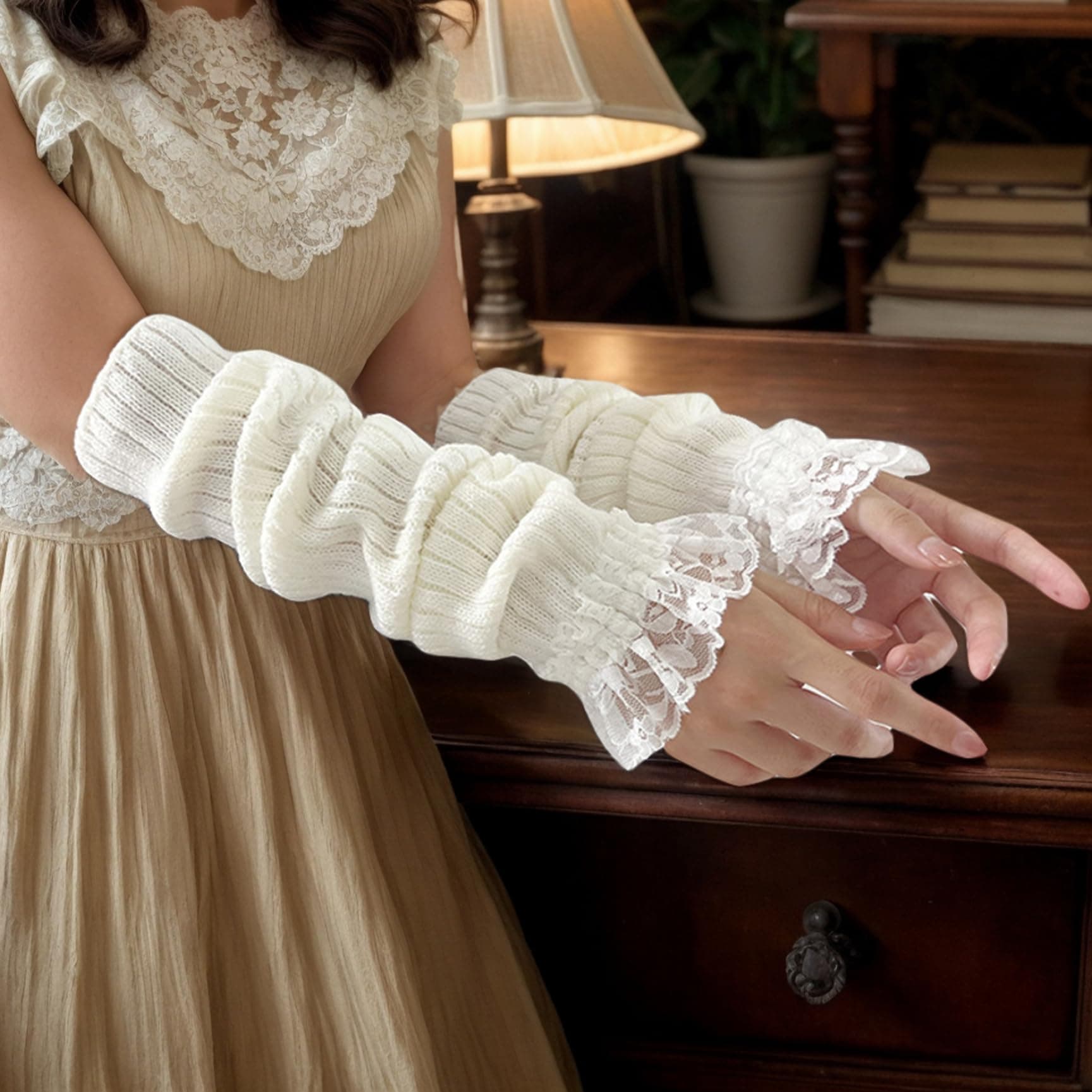 Knitted Arm Warmers, Kawaii Knit Wrist Warmers with Lace, Long Japanese Harajuku Goth Fingerless Sleeve for Goth, JK Uniform and Lolita Outfits/17.7, White, White thumbnail 4