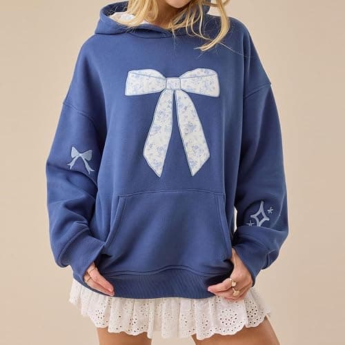 Cute Hoodies for Teen Girls Floral Embroidered Patchwork Hoodie Y2k Oversized Pullover Sweatshirt Preppy Streetwear thumbnail 2