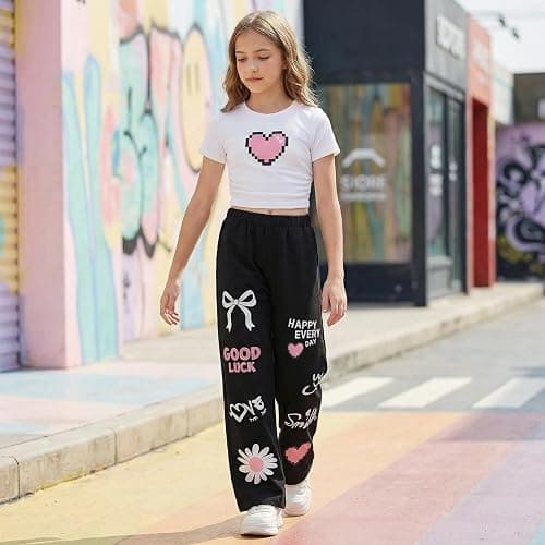 Zuodeying Girls 2 Piece Outfits Cute Short Sleeve Tops with Heart Print & Trendy Pants Set Summer Clothes, Size 7-14 Years thumbnail 2