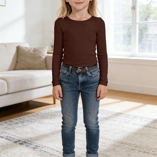 Girls Long Sleeve Shirt Ribbed Soft Crew Neck Summer Pullover Tops Teen Kids Solid Stretchy School Tshirts Clothes thumbnail 3