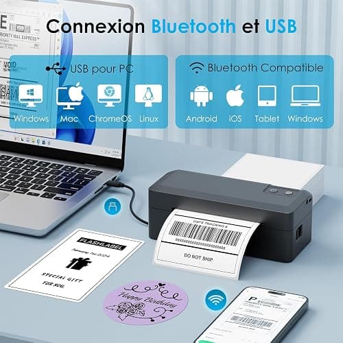 KNAON Imprimante d'étiquettes Bluetooth DHL 4 x 6 - Imprimante d'étiquettes d'expédition - Imprimante thermique pour Etsy, Shopify, Amazon - Noir thumbnail 2