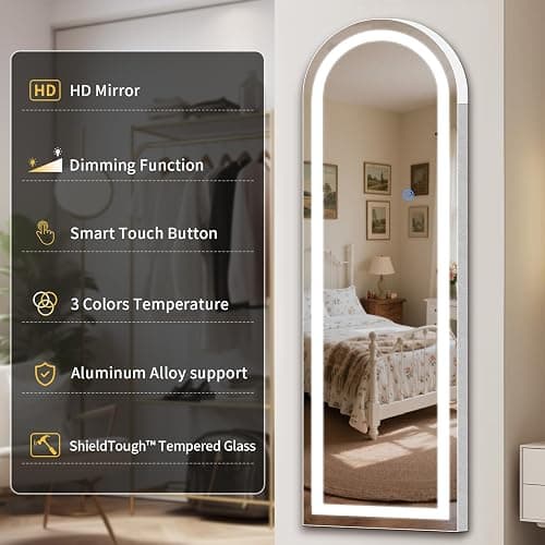 InfiniGlass Arch Full Length Standing Mirror with LED Lights, 56"x20" Lighted Mirror with Dimming & 3 Color Lighting, Tall Mirror Full Body for Bedroom, Dressing Room thumbnail 7