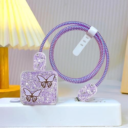CameCosy Cute Glitter Cable Protector for iPhone Charger with Luxury Butterfly Girly Design Bling Cable Data Line Wire Saver Phone Charger Protector for iPhone 11 12 13 14 15 Pro Max Plus-Purple thumbnail 6