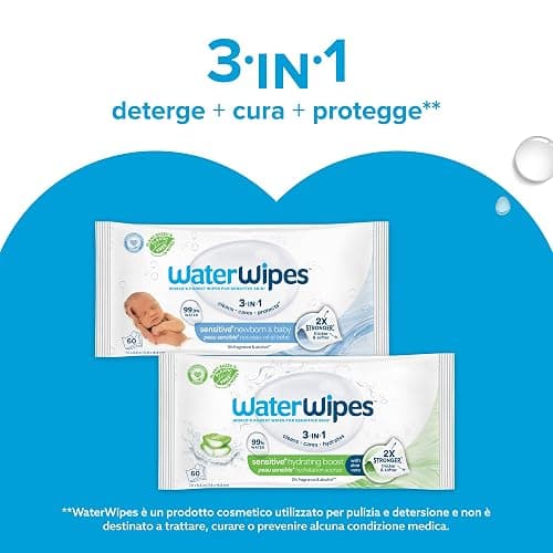 WaterWipes Sensitive+ Newborn & Baby Wipes, Salviettine per Neonati e Bambini, 540 Pezzi (9 Confezioni), Deterge, Cura, Protegge, 99,9% Acqua, Senza Profumo thumbnail 7