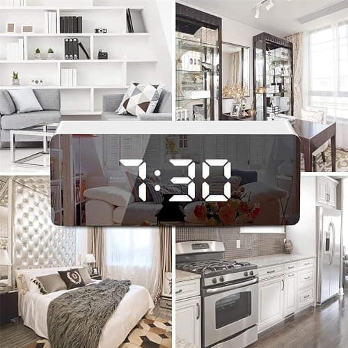 RMFC LED Digital Mirror Alarm Clock with Temperature & Date Calendar for Bedside, Bedroom, Office, Snooze, Adjustable Brightness, Voice Control Night Mode (White) thumbnail 7