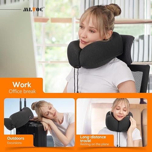 MLVOC Neck Pillow for Traveling, Upgraded 100% Pure Memory Foam Travel Neck Pillow for Airplane Flight Sleep, Breathable & Machine Washable Cover, Travel Kit with 3D Eye Mask, Earplugs & Bag, Black thumbnail 7