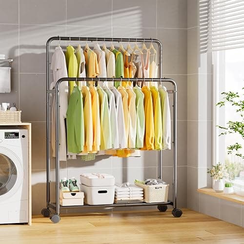 Simple Trending Clothing Clothes Rack Double Rods with Wheels, Rolling Metal Garment Rack for Hanging, Black thumbnail 2