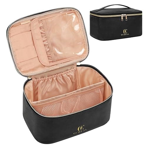 OCHEAL Makeup Bag, Portable Cosmetic Bag, Large Capacity Travel Makeup Case Organizer, Black For Women Toiletry Bag for Girls Traveling With Handle and Divider thumbnail 9