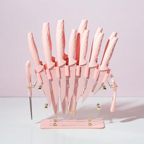 Paris Hilton Knife Block Set with Fan Style Clear Acrylic Knife Block, Premium Stainless Steel Blades with Nonstick Coating, Comfort Grip Handles, 16-Piece Set, Pink and Gold thumbnail 7