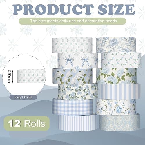 YooNotee 12 Rolls Watercolor Floral Washi Tape Set 15 mm Vintage Flower Decorative Masking Tape for Spring Arts DIY Craft Scrapbook Journal Supplies Gift Wrapping(Dusty Blue,Rose and Hydrangea) thumbnail 2