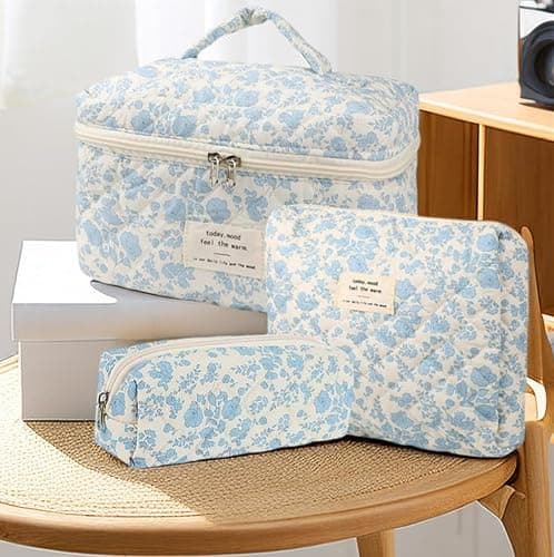 Dkieuyu 3Pcs Cotton Quilted Makeup Bag Set, Cute Floral Makeup Bags, Large Travel Coquette Make up Bag Cosmetic Bag Toiletry Organizer Bag for Women Girls (A) thumbnail 5