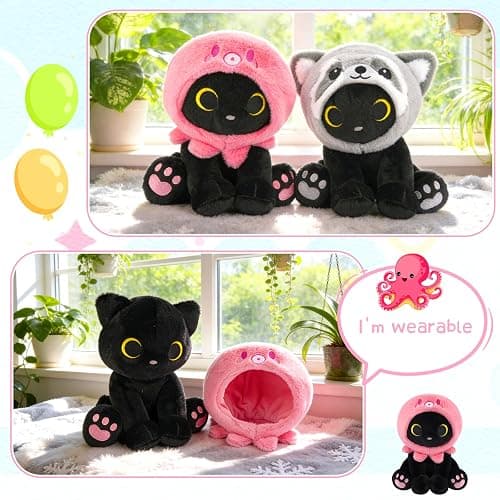 KOPHINYE Octopus Cat Plush - 8" Black Cat Stuffed Animal with Removable Squid Plush Hood, Soft Huggable Plushie Toy for Kids, Kawaii Plushies Birthday Gift for Girlfriend thumbnail 4