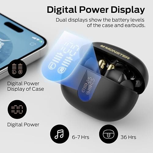 Monster Wireless Earbuds, Bluetooth 6.0 in-Ear Headphones with Charging Case, Stereo Earphones Deep Bass Sound, Built-in Mic, Clear Call, Water Resistant Design for Sports Black thumbnail 5