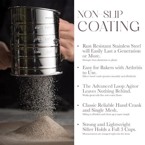Bellemain 3 Cup Flour Sifter for Baking Fine Mesh Rotary Hand Crank with Loop Agitator for Quick Sifting, Flour Sifter Stainlees Steel thumbnail 5