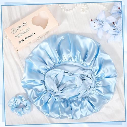 Obeoby Satin Silk Sleep Bonnet for Women, Double-Layer Hair Bonnets with Adjustable Tie Band for Curly Natural Wavy Hair Holiday Birthday Gifts (Blue,Extra Large) thumbnail 7