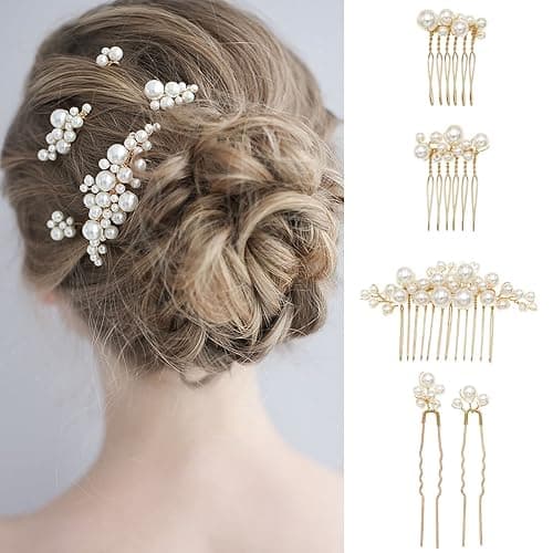 Sppry Pearl Hair Combs and Hair Pins for Bridal Women, Decorative Hair Accessories for Wedding Prom, Set of 5 (Gold) thumbnail 5
