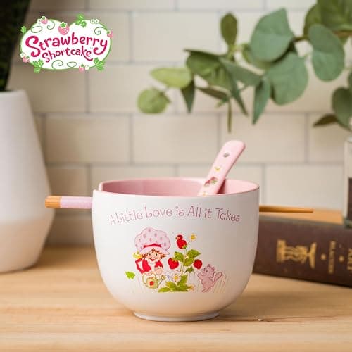 Silver Buffalo Strawberry Shortcake and Custard “A Little Love is All it Takes” Ceramic Ramen Bowl with Chopsticks and Spoon, 20 Ounces thumbnail 2