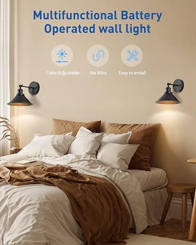 Bailoch Black Vintage Wireless Battery Operated Wall Sconces, Industrial Cordless Battery Powered Led Wall Lights Set of 2, Wall Lamp Fixture Indoor with Remote Control for Bedroom Farmhouse Gallery thumbnail 6