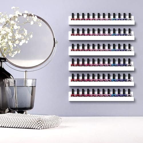 FEMELI Nail Polish Wall Rack, 6 Shelves Acrylic Organizer (15 Inch, White) | Acrylic Nail Polish holder wall for 66-90 Bottles, Multi-Purpose Floating Shelves for Nail Salon, Small Space thumbnail 2