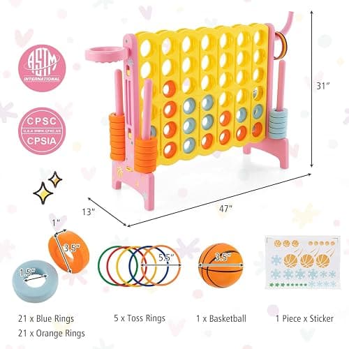 KOTEK Giant 4-in-a-Row, Jumbo Connect Yard Game Outdoor for Kids & Adults - 4-to-Score Family w/Quick-Release Sliders, 42 Rings, Ring Toss & Basketball Hoop (Without Carrying Bag, Pink) thumbnail 3