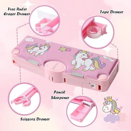 LilyBeauty Multifunction Pencil Case for Boys & Girls, Cute Cartoon Pencil Box Organizer Stationery with Sharpener, Scissors & Rule, Birthday Gifts for Kids Teens(Pink) thumbnail 2