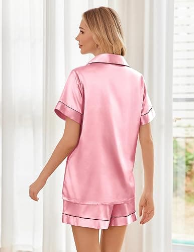 Ekouaer Womens Silk Satin Pajama Sets Soft Short Sleeve Button Down Sleepwear Top and Shorts 2 Piece Pjs Lounge Set thumbnail 2