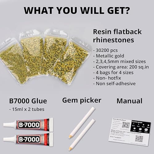 30200Pcs Metallic Gold Resin Flatback Rhinestones with b7000 Jewelry Glue Fix for Crafts Clothes Clothing Crafting Fabric Costumes, Flat Back Rhinestones Bulk, Gems Sets Bedazzle Kit 2-5mm thumbnail 2