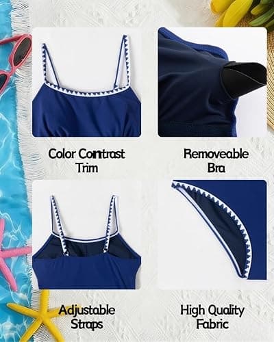 FJLSJSW 11-15Y Girls Tankini Swimsuits Solid Color Contrast Trim Swimwear 2 Piece Bathing Suit for Teens thumbnail 6