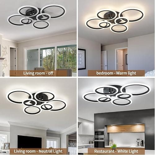 Shine LUEST 6 Rings Black Modern LED Ceiling Light Fixture, Flush Mount Ceiling Light with Remote Dimmable Brightness, Adjustable 3000-6000K Color Temperature, Timer for Living Room, Bedroom - Black, 6 Rings thumbnail 7