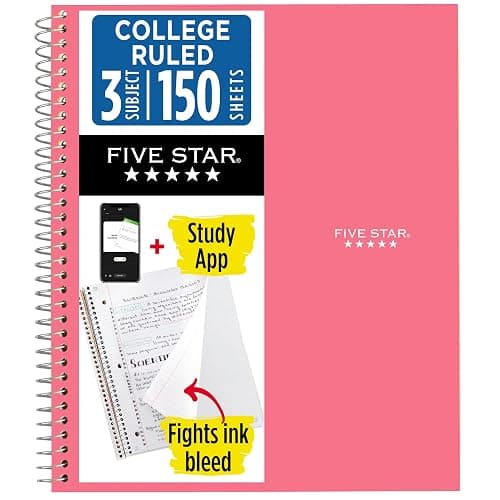 Five Star Spiral Notebook + Study App, 3 Subject, College Ruled Paper, 8-1/2" x 11", 150 Sheets, Fights Ink Bleed, Water Resistant Cover, Prom Pink (820003R) - Image 1