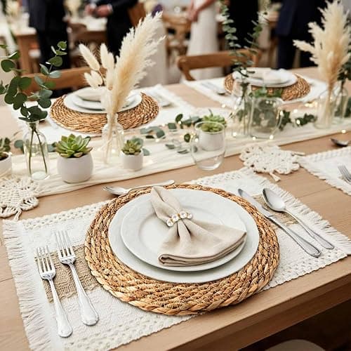 Gandeer 6 Sets Boho Placemats, Including 12 Inch Round Woven Rattan Placemats, Rectangle Burlap Boho Table Mats, Pearl Napkin Rings, Handmade Farmhouse Table Chargers for Home Wedding Party Decoration thumbnail 7